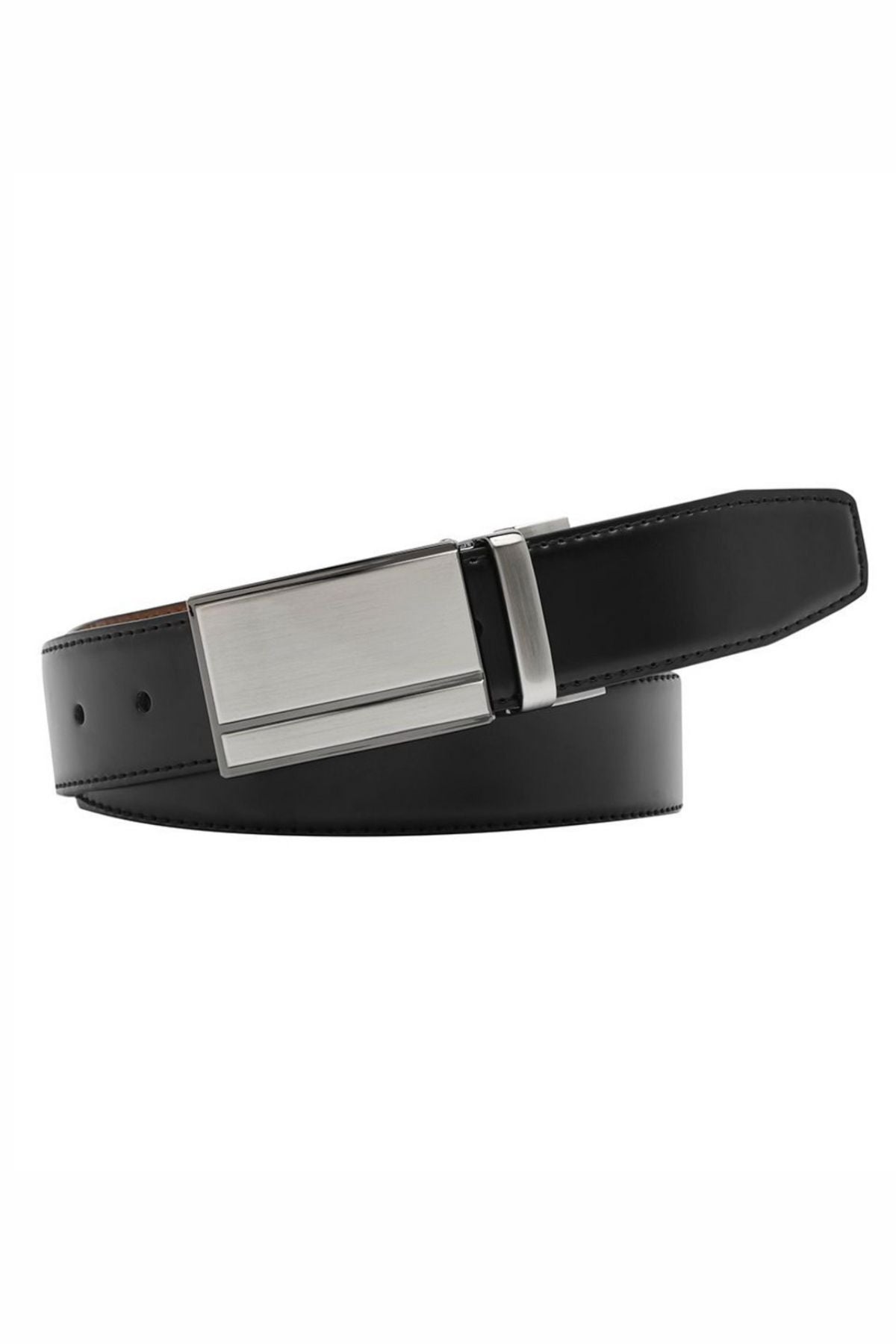 The Buckle 5519 Heritage 35mm Reversible Leather Belt, featuring black leather and a modern rectangular silver buckle, is coiled in a loop on a white background.