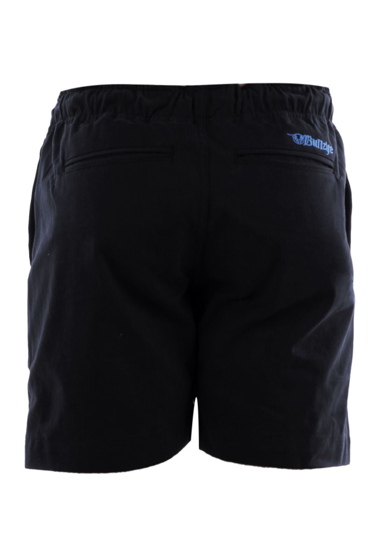 Bullzye Drew Ruggers shorts shown from the back with an elastic waistband, two horizontal back pockets, and a small blue embroidered logo on the upper right.