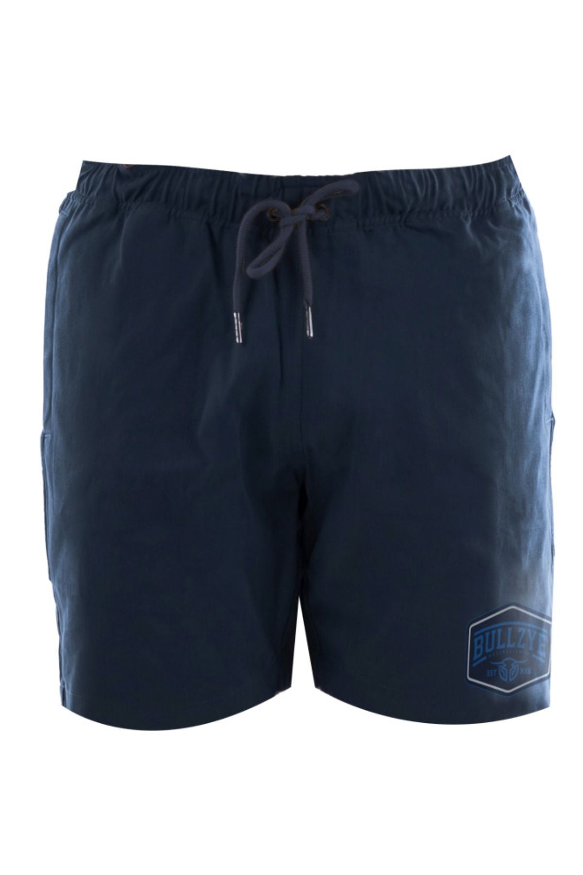 The Bullzye Drew Ruggers are navy blue shorts featuring an elastic waistband, drawstring tie, and small embroidered "BULLZYE" logo on the lower left leg—ideal for stylish comfort by the water.