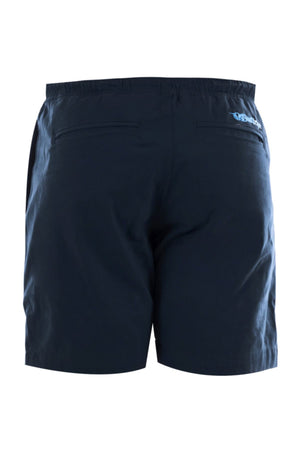 The Bullzye Drew Ruggers shorts in navy blue are shown from the back, featuring two back pockets and an embroidered blue and white Bullzye logo patch on the upper right side.