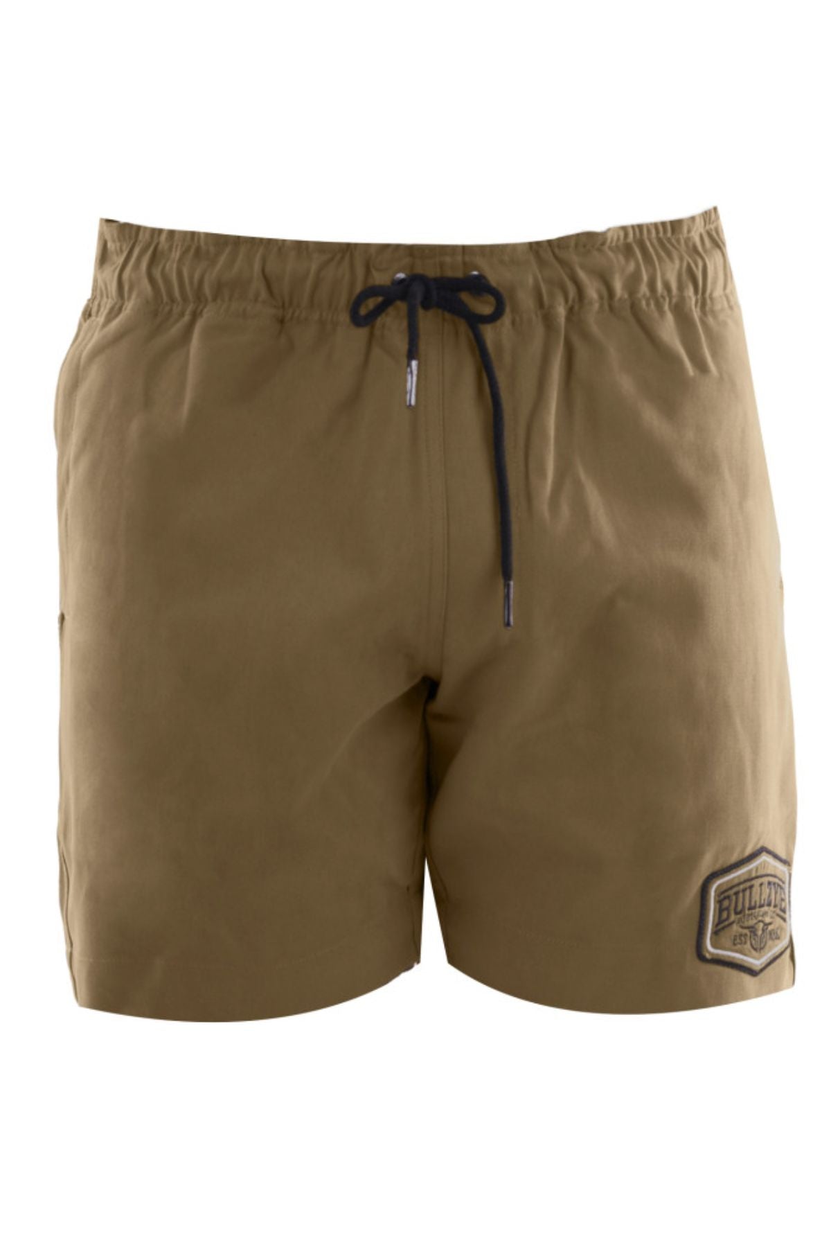 Bullzye Drew Ruggers shorts feature a black drawstring and a patch logo on the lower left leg, combining classic swim style with the comfort of men's embroidered shorts.