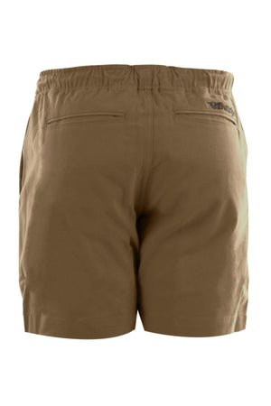 A back view of Bullzye Drew Ruggers shorts in brown, featuring an elastic waistband, two back welt pockets, and a small embroidered logo on the right.