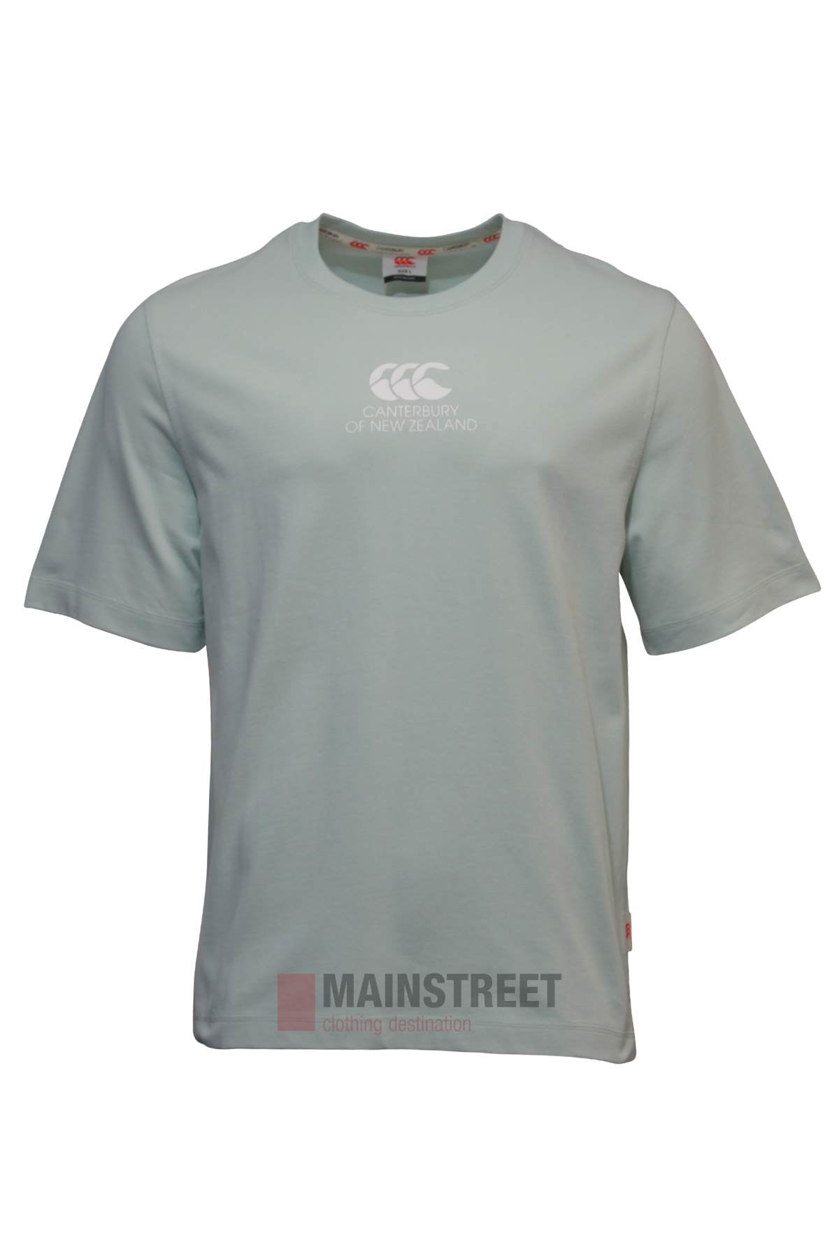 The Canterbury Heritage T-Shirt is an oversized, light gray heavy-duty tee made from 100% soft cotton, featuring the iconic CCC logo and white text on the chest, shown against a plain white background.