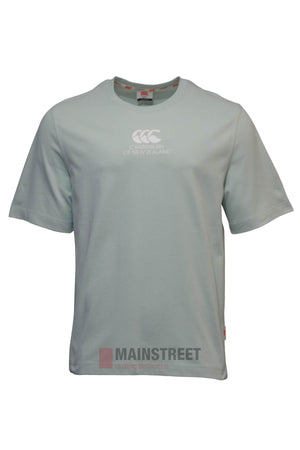 The Canterbury Heritage T-Shirt is an oversized, light gray heavy-duty tee made from 100% soft cotton, featuring the iconic CCC logo and white text on the chest, shown against a plain white background.