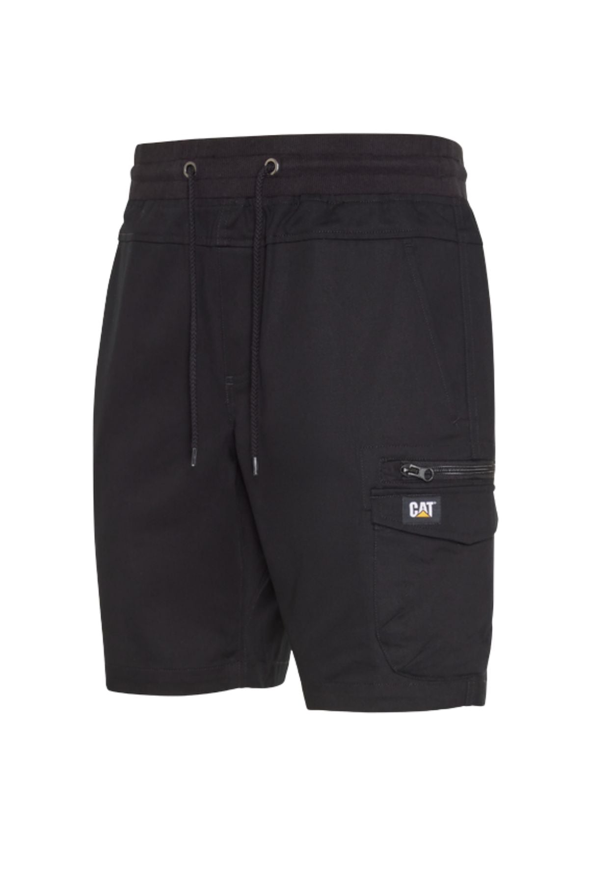 The CAT Diesel Short 2.0 features durable black stretch ripstop fabric, a drawstring waist, side pockets, and a zip pocket on the right leg with a small CAT logo patch, shown against a plain white background.