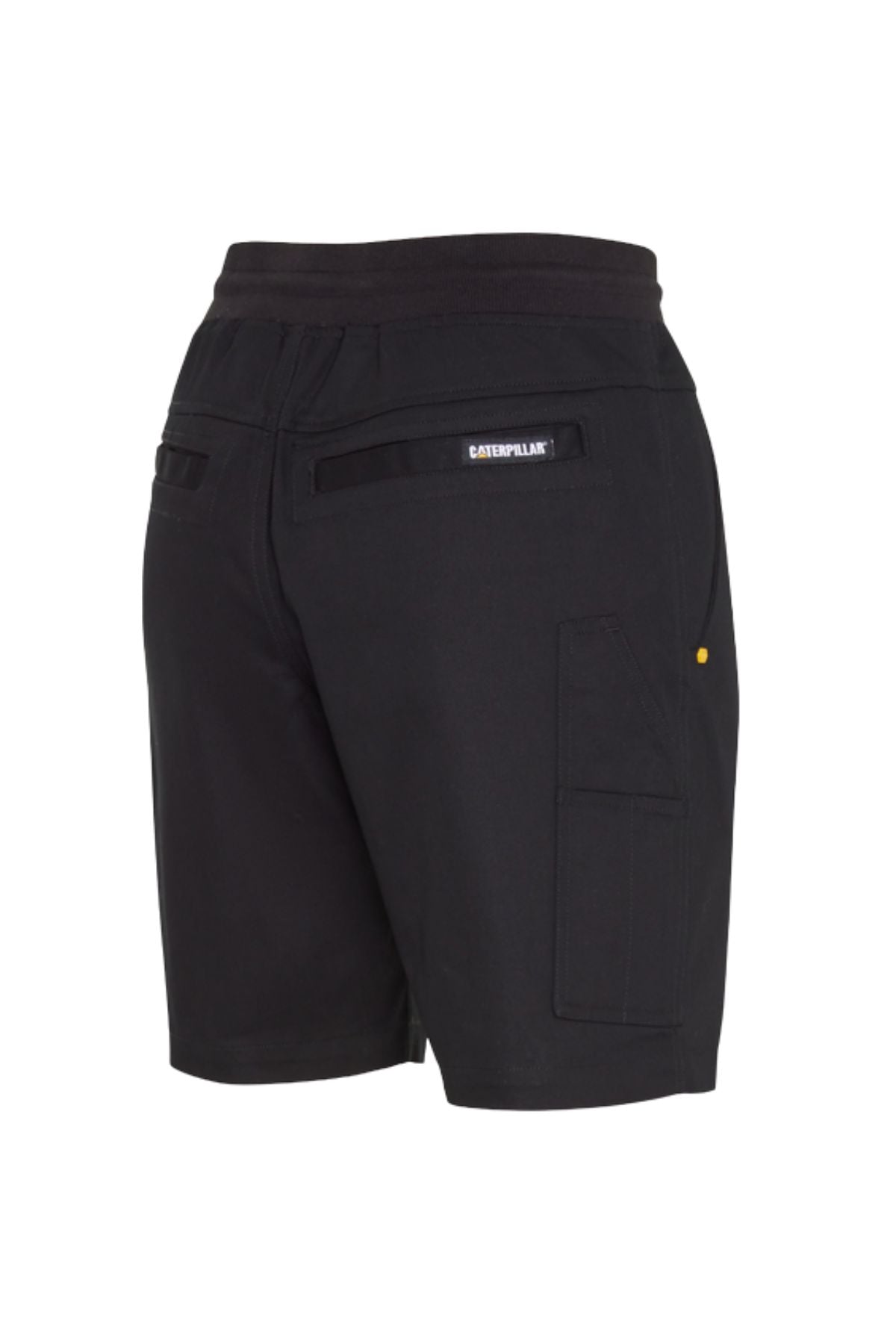 The CAT Diesel Short 2.0 features an elastic waistband, zippered back pockets, a side cargo pocket, and a small Caterpillar logo above the right back pocket. Shown from the rear against a white backdrop.