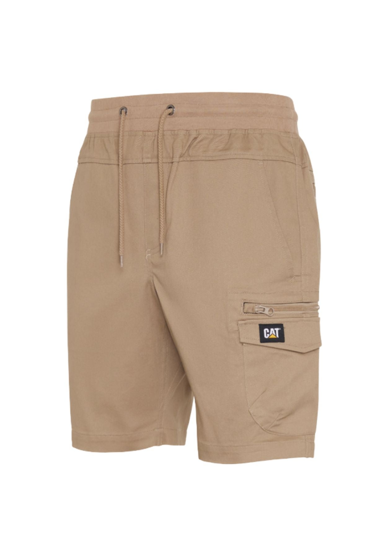 The CAT Diesel Short 2.0 is a khaki stretch ripstop cargo short with an elastic waistband, drawstring, side pockets, zippered pocket, and black CAT logo patch—ideal for everyday wear.