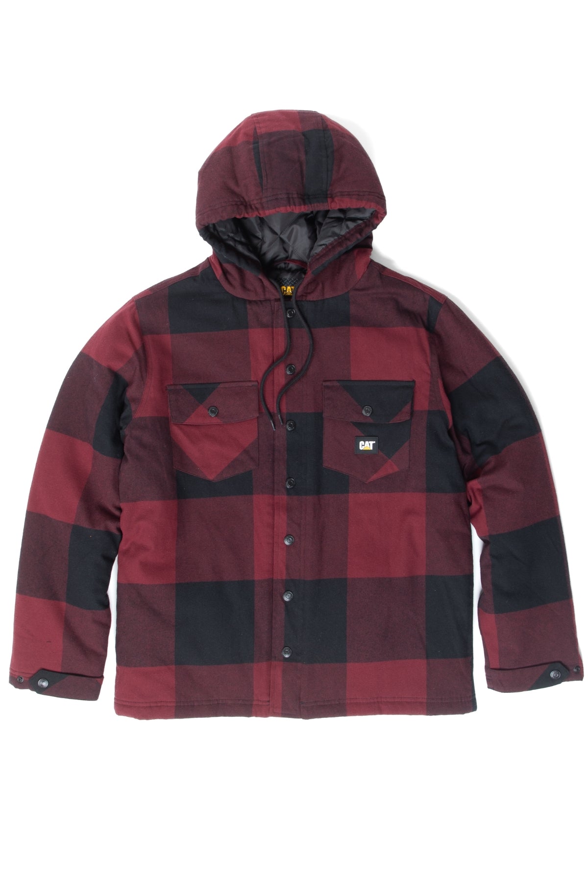 A CAT Hooded Flannel Shirt Jacket in red and black plaid, featuring front buttons, two chest flap pockets, recycled insulation, and a small logo patch on the left pocket, is shown laid flat on a white background.