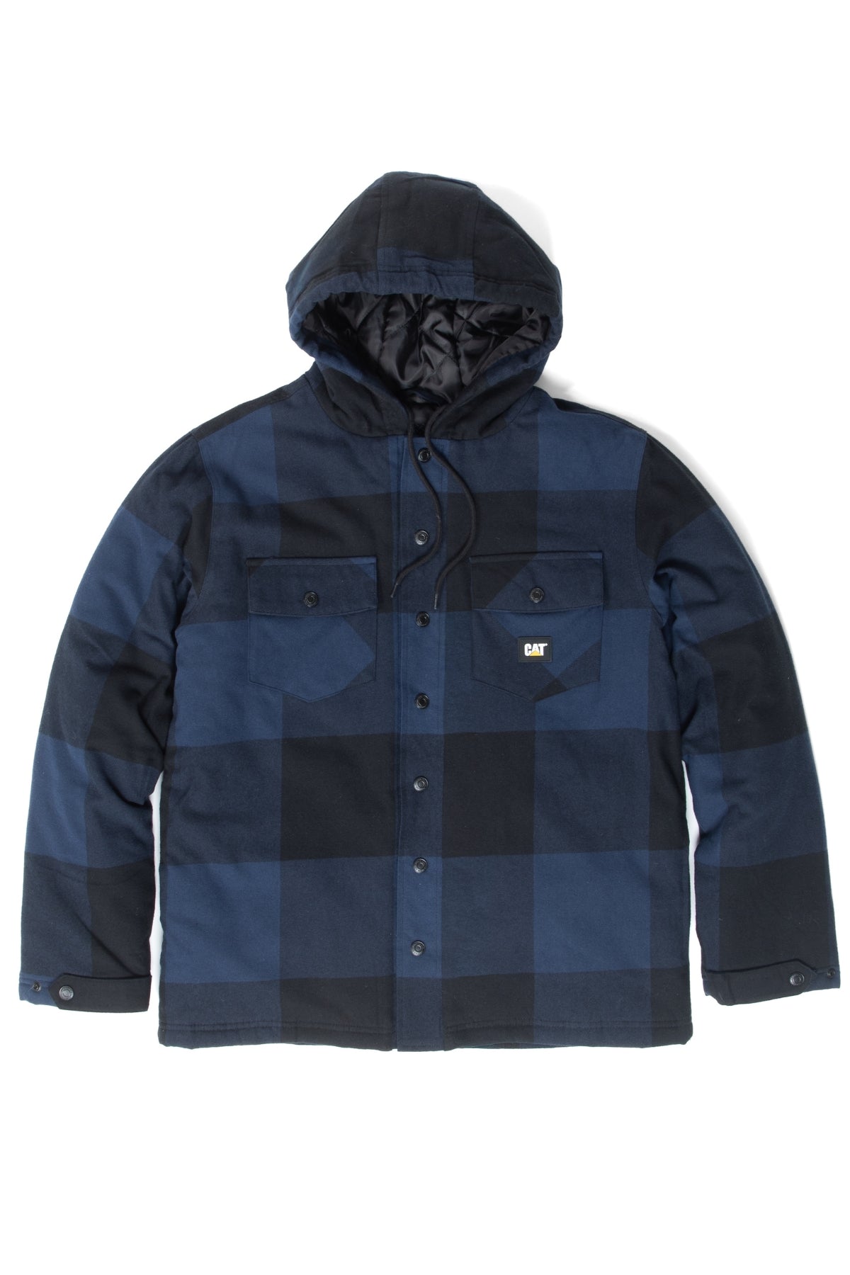 The CAT Hooded Flannel Shirt Jacket features blue and black flannel, snap buttons, two chest pockets with flaps, a left pocket CAT logo, long sleeves, and quilted lining with recycled insulation at the neckline.