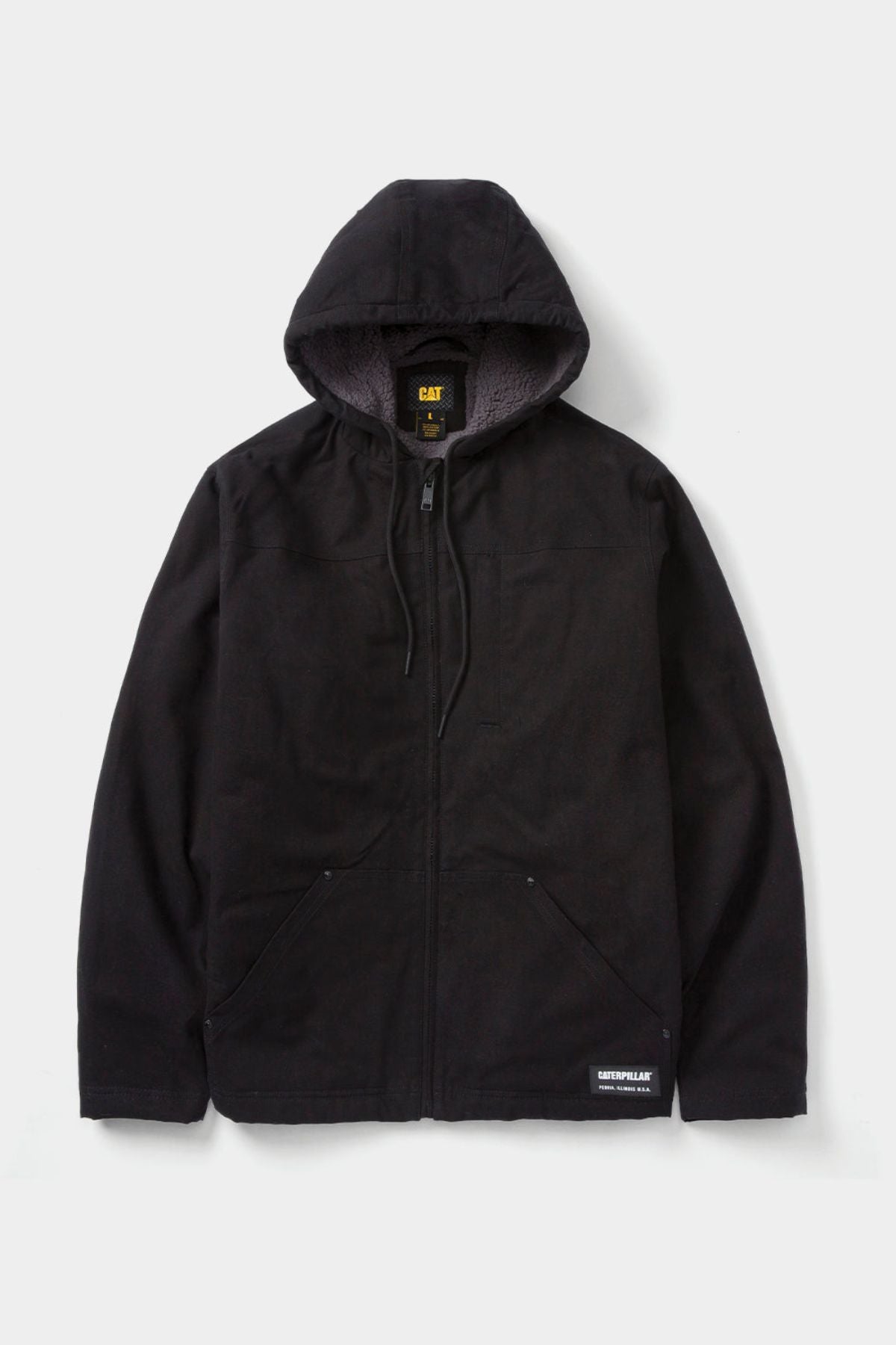 A durable black CAT Hooded Sherpa Lined Jacket with a soft inner lining, front pockets, and a small branded patch near the hem is laid flat on a light background.