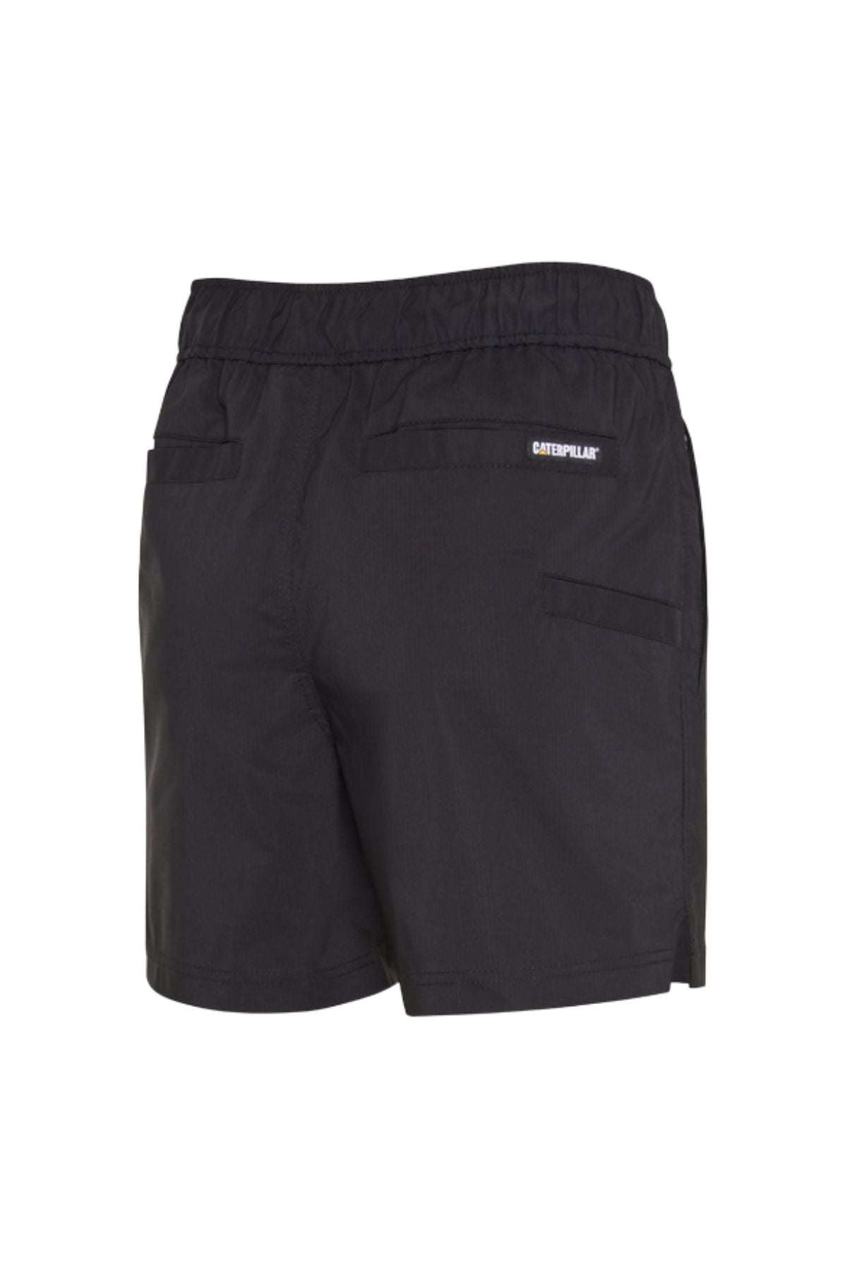 The CAT Hydraulic Short is shown from the back at an angle, featuring an elastic waistband, two back pockets, and a small Caterpillar logo label—ideal stretch work shorts for tough jobs.