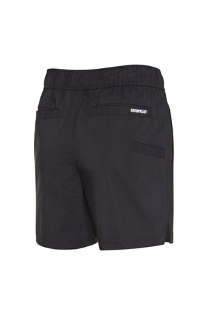 The CAT Hydraulic Short is shown from the back at an angle, featuring an elastic waistband, two back pockets, and a small Caterpillar logo label—ideal stretch work shorts for tough jobs.