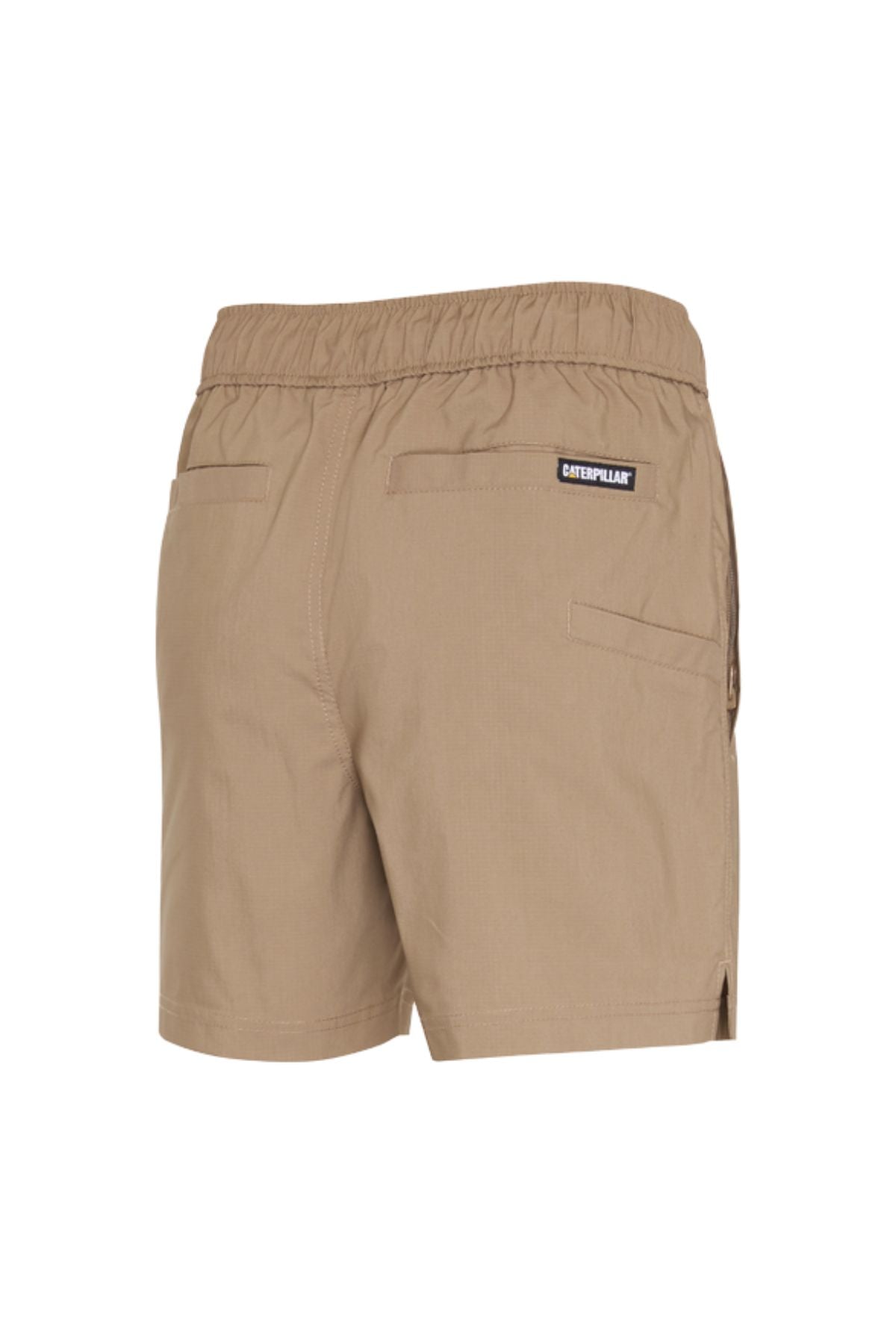 The CAT Hydraulic Short in beige features an elastic waistband, two back pockets, and a small "Caterpillar" logo above the right pocket. Shown from the back on a white background—these stretch work shorts offer comfort and durability.