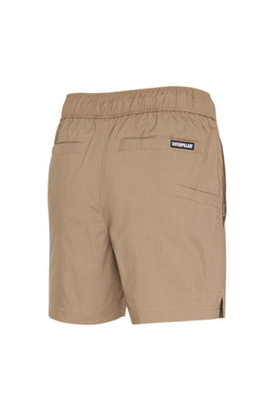 The CAT Hydraulic Short in beige features an elastic waistband, two back pockets, and a small "Caterpillar" logo above the right pocket. Shown from the back on a white background—these stretch work shorts offer comfort and durability.