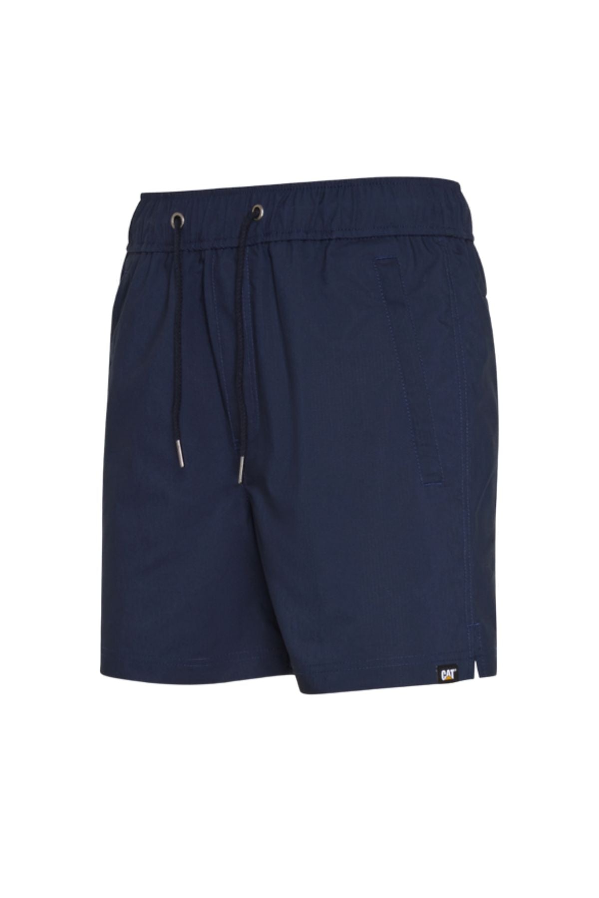 CAT Hydraulic Short in navy blue for men, featuring stretch fabric, elastic waistband with drawstring, side pockets, and a small logo tag on the lower left hem, shown on a plain white background.