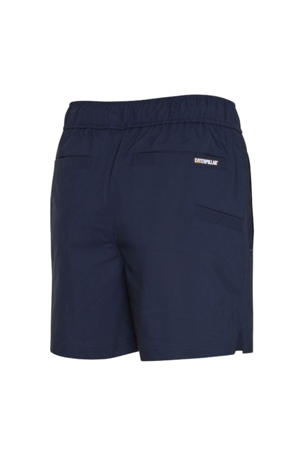 Back view of the CAT Hydraulic Short in navy blue, featuring an elastic waistband, two back pockets, and a small "Caterpillar" logo above the right pocket.