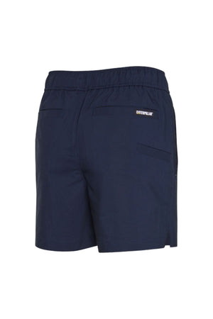 Back view of the CAT Hydraulic Short in navy blue, featuring an elastic waistband, two back pockets, and a small "Caterpillar" logo above the right pocket.