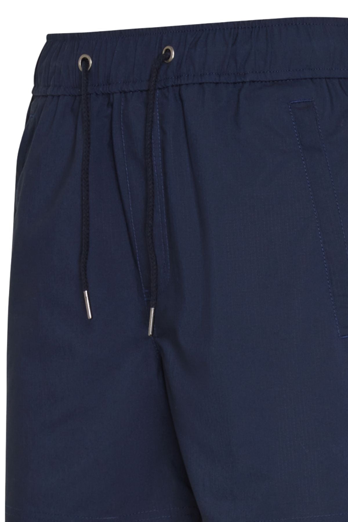 Close-up of the dark blue CAT Hydraulic Short featuring an elastic waistband, drawstring, and side pocket—ideal stretch shorts for work or casual wear.