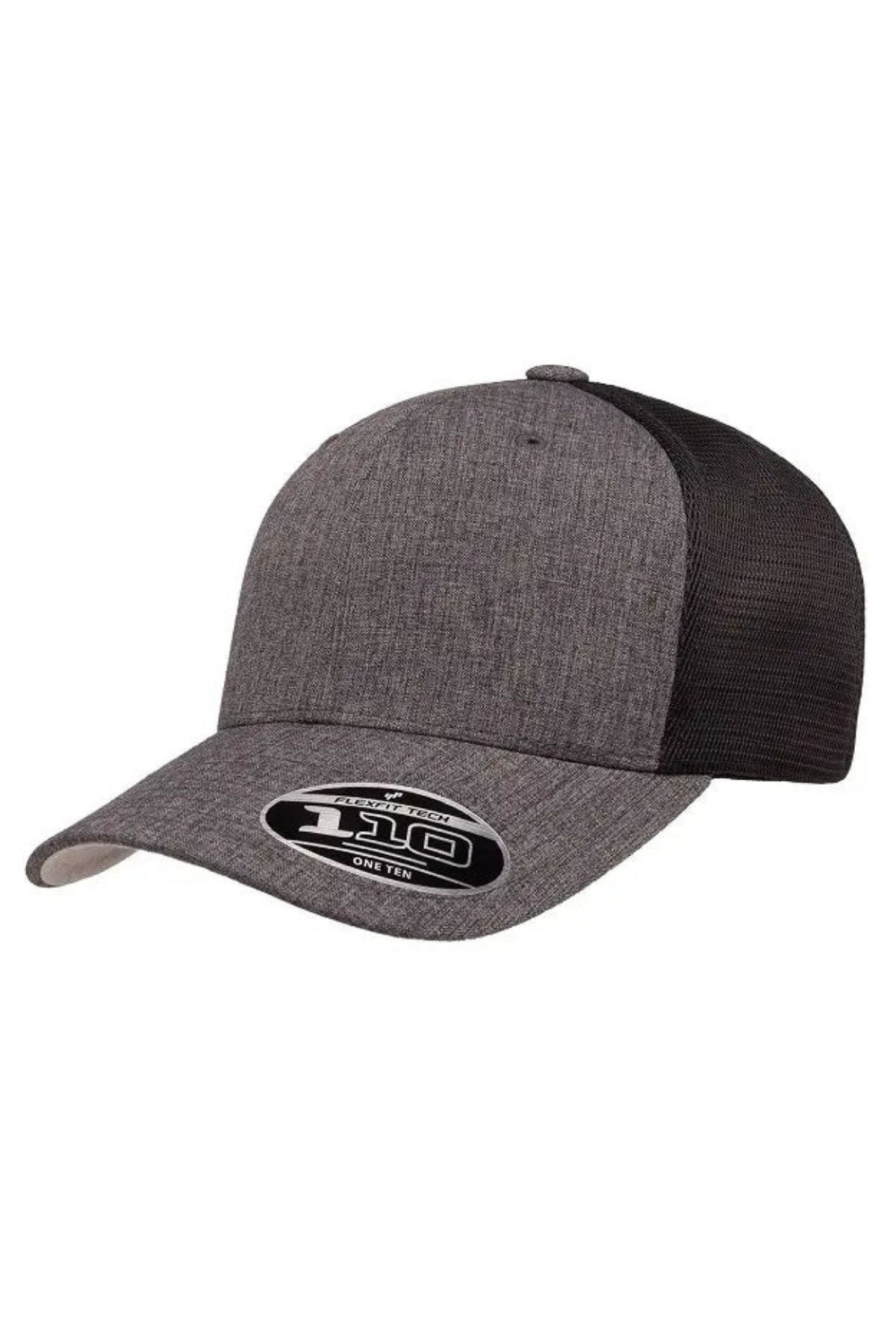 Introducing the FlexFit 110 Mesh Back Cap—a gray and black cap featuring a structured front, breathable mesh back panel, and a curved bill. The sticker on the brim displays “110 FLEXFIT,” ensuring both comfort and style.