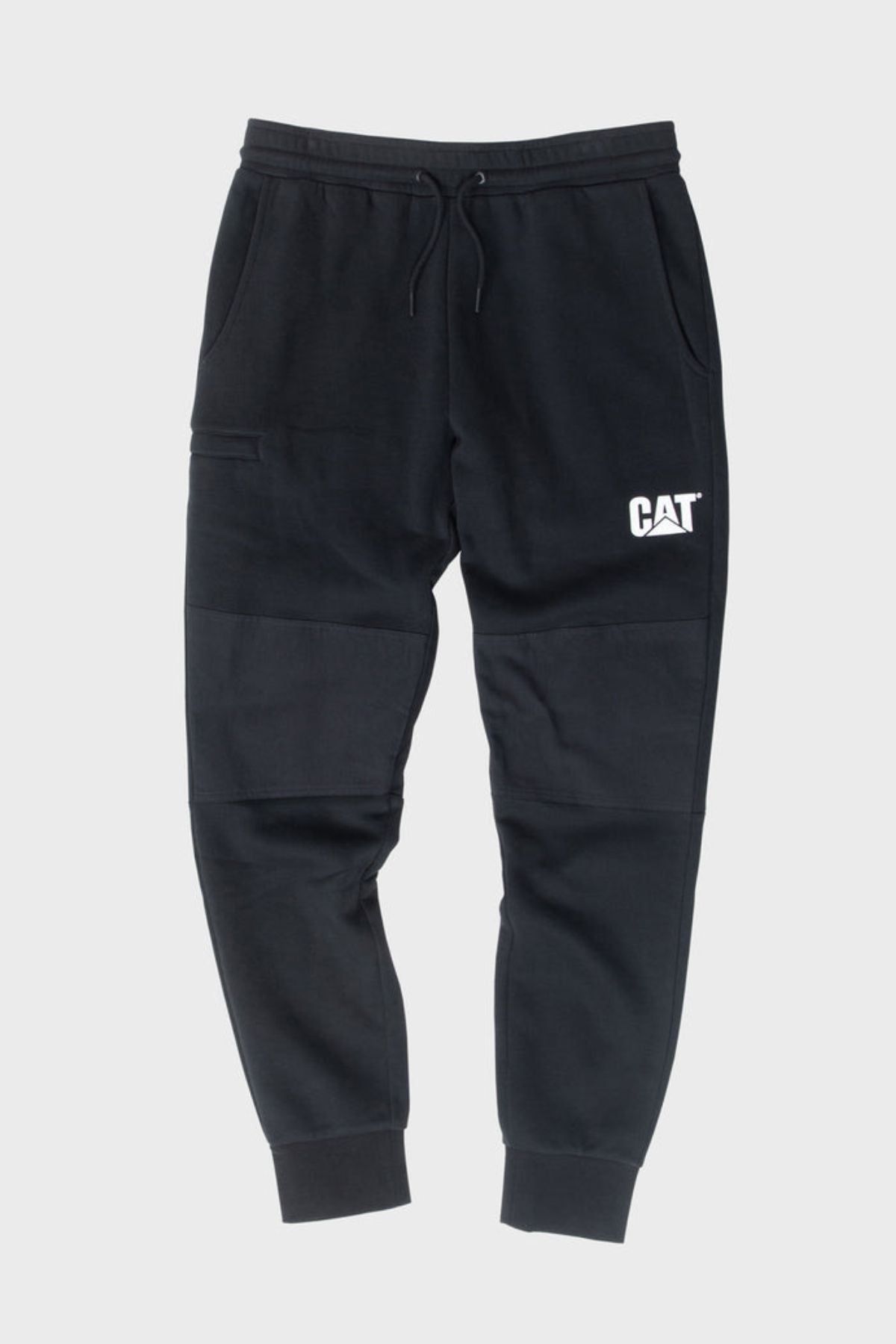 The CAT TM Fleece Track Pant features a black fleece design with an elastic waistband, drawstring, side pockets, ribbed cuffs, and bold CAT branding on the left thigh. Shown flat on a light gray background.