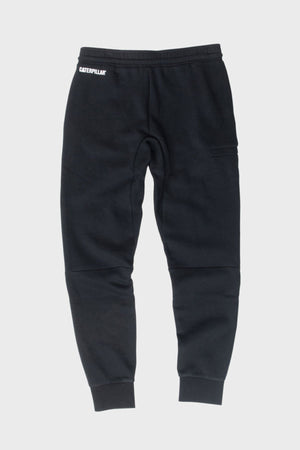 CAT TM Fleece Track Pant in black with a tapered fit, ribbed cuffs, single side pocket, and small white CAT logo on the left hip, displayed flat on a light gray background.