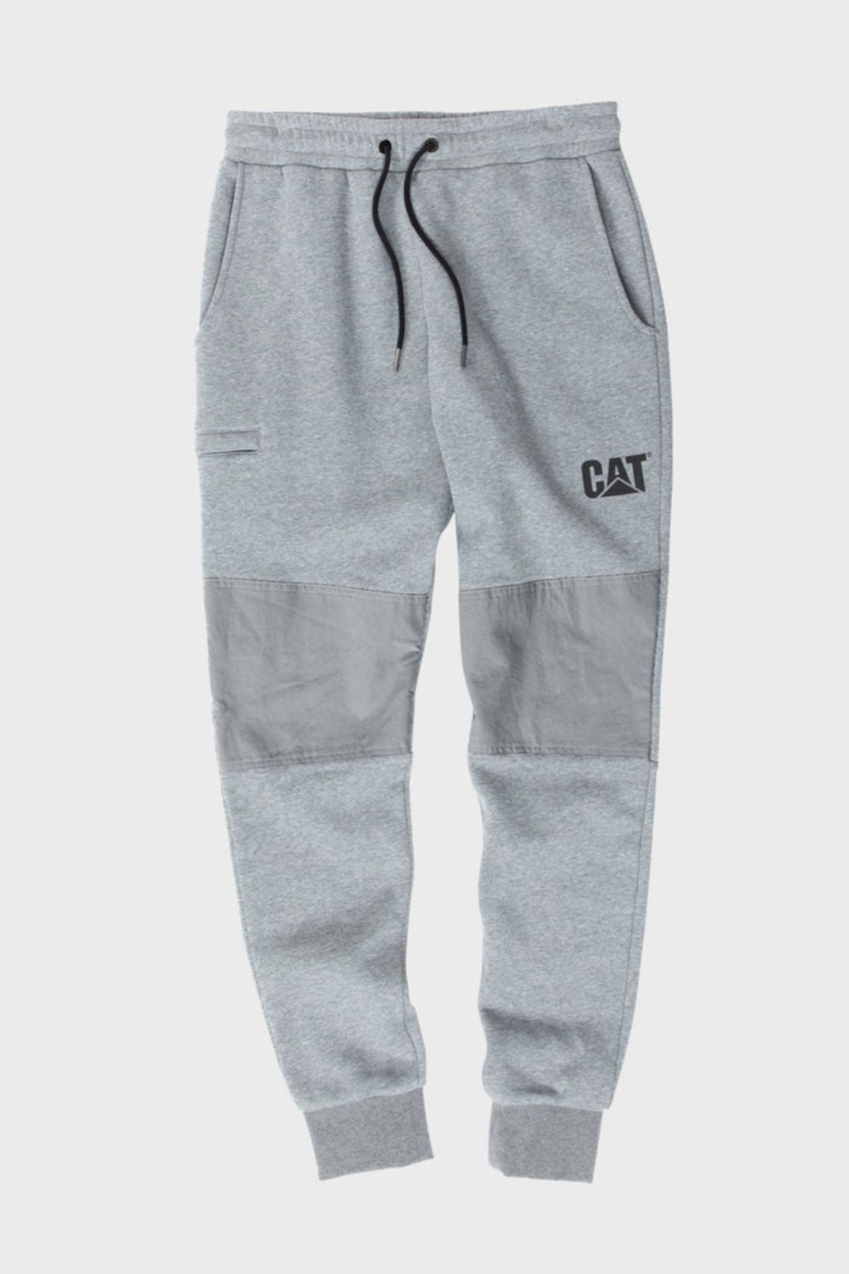 The CAT TM Fleece Track Pant features a light gray fleece, tapered fit, ribbed cuffs, elastic waistband with black drawstring, side pockets, dark gray reinforced knee patches, and bold CAT branding on the left thigh.