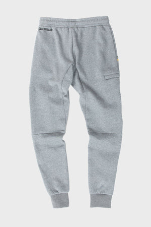 The CAT TM Fleece Track Pant in light gray features a tapered fit, elastic waistband and cuffs, side zipper pocket, and small CAT branding on the left hip, displayed flat on a plain white background.