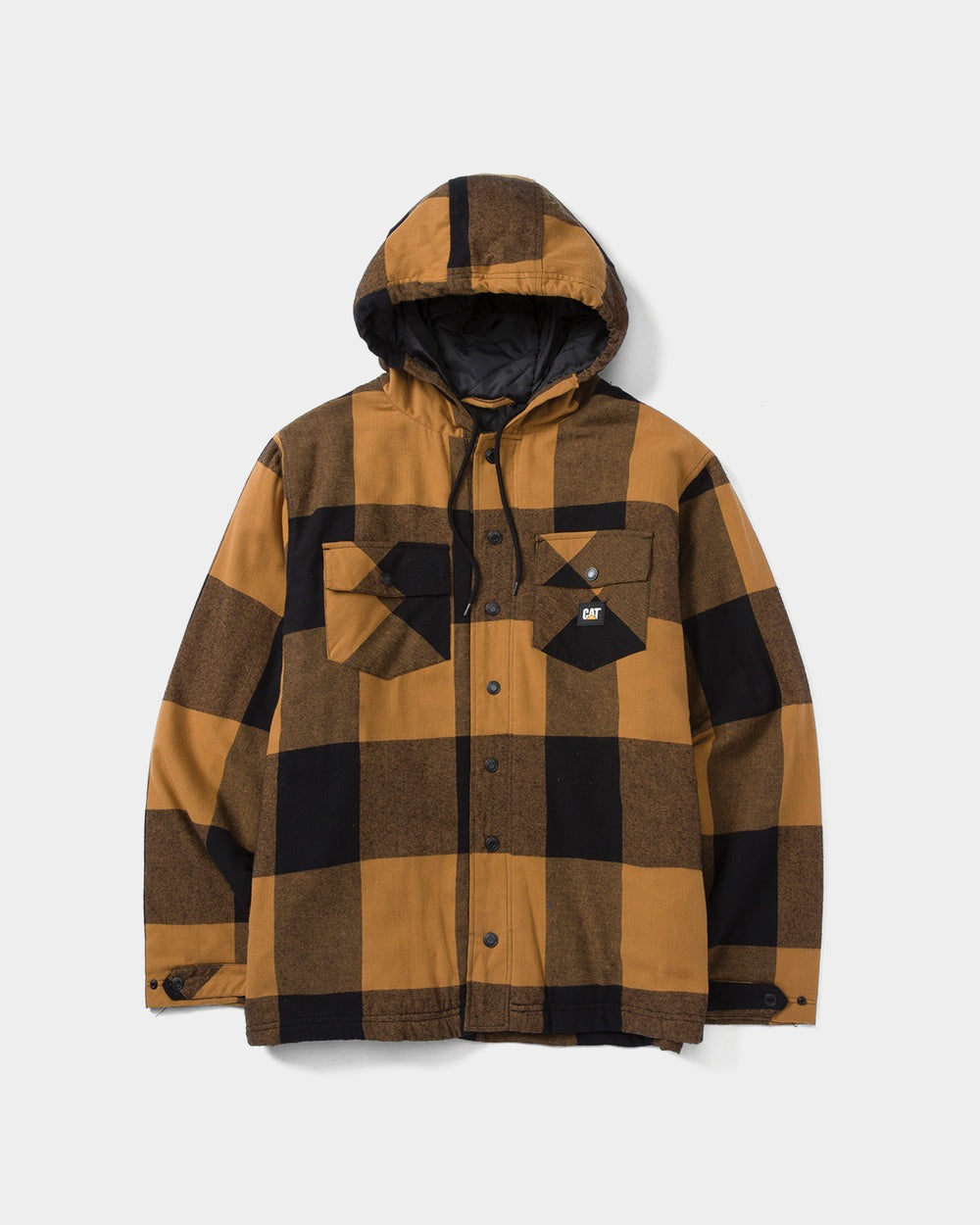 The CAT Hooded Flannel Shirt Jacket, shown on a white background, features a brown and black plaid pattern, front snap buttons, two flap chest pockets, black drawstrings, and is made from 100% recycled polyester with recycled insulation.