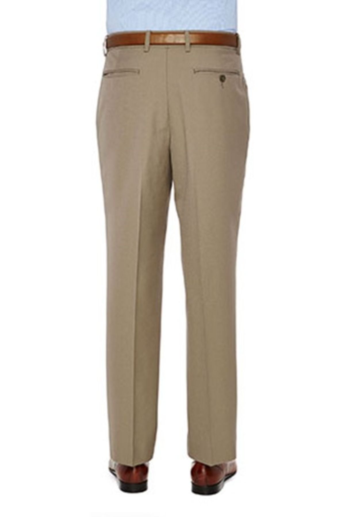 The back view of a person wearing the City Club Carter 183 Trousers, designed in stylish beige and crafted from a polyester and wool blend. The trousers feature a flexi-waist for comfort and have two rear welt pockets, one with a button closure. Paired with a leather belt, light blue tucked-in shirt, and brown dress shoes for an elegant look. The person is standing against a plain white background.