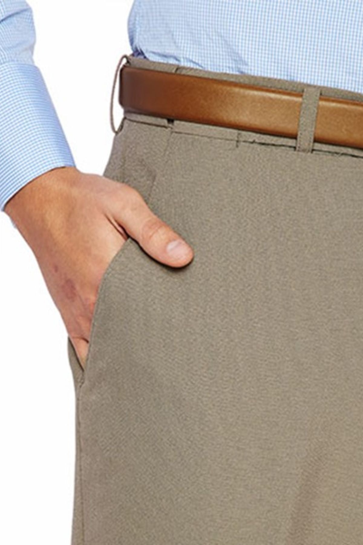 A person is wearing stylish City Club Carter 183 Trousers, made from a blend of polyester and wool, accompanied by a brown belt and a light blue, long-sleeve, checkered shirt. Their left hand is placed casually in the front pocket of the flexi-waist trousers. The focus is on the midsection of the outfit.