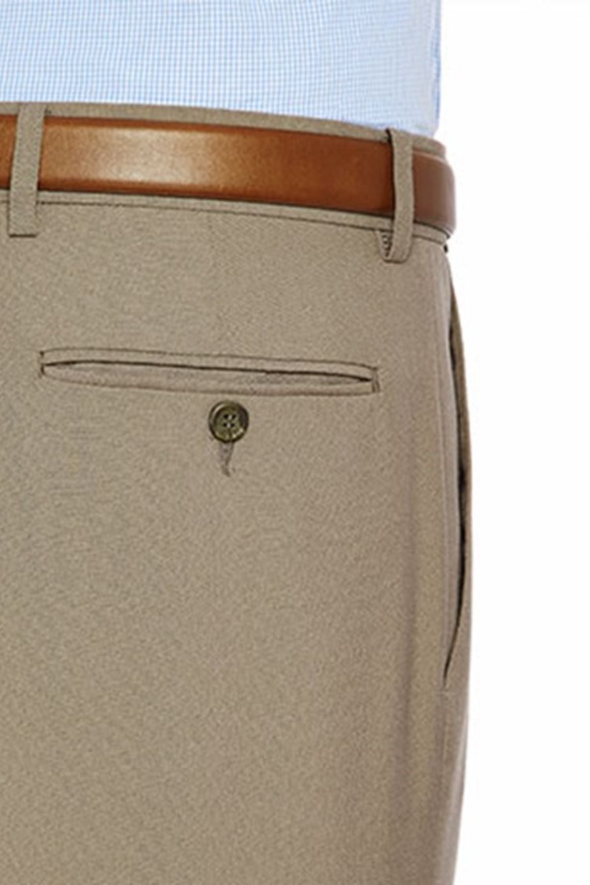A close-up view of a person wearing the stylish City Club Carter 183 Trousers in beige, complemented by a brown leather belt. The photograph focuses on the back pocket of the trousers, which is secured with a button. Made from a blend of polyester and wool, these trousers pair perfectly with a light blue checkered shirt tucked in neatly.