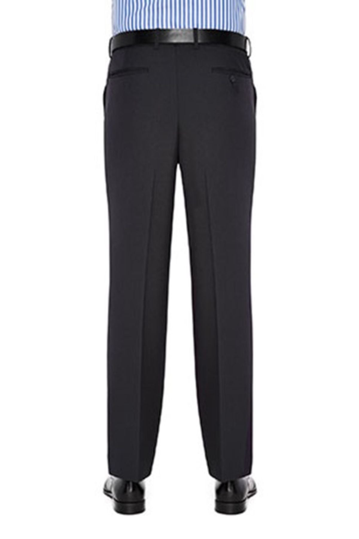 The image shows the back view of a person wearing stylish City Club Carter 183 Trousers, which are a polyester and wool blend, paired with a blue and white striped shirt and black leather shoes. The trousers feature belt loops, secured by a black belt, and two back pockets, one with a button closure on the right side.