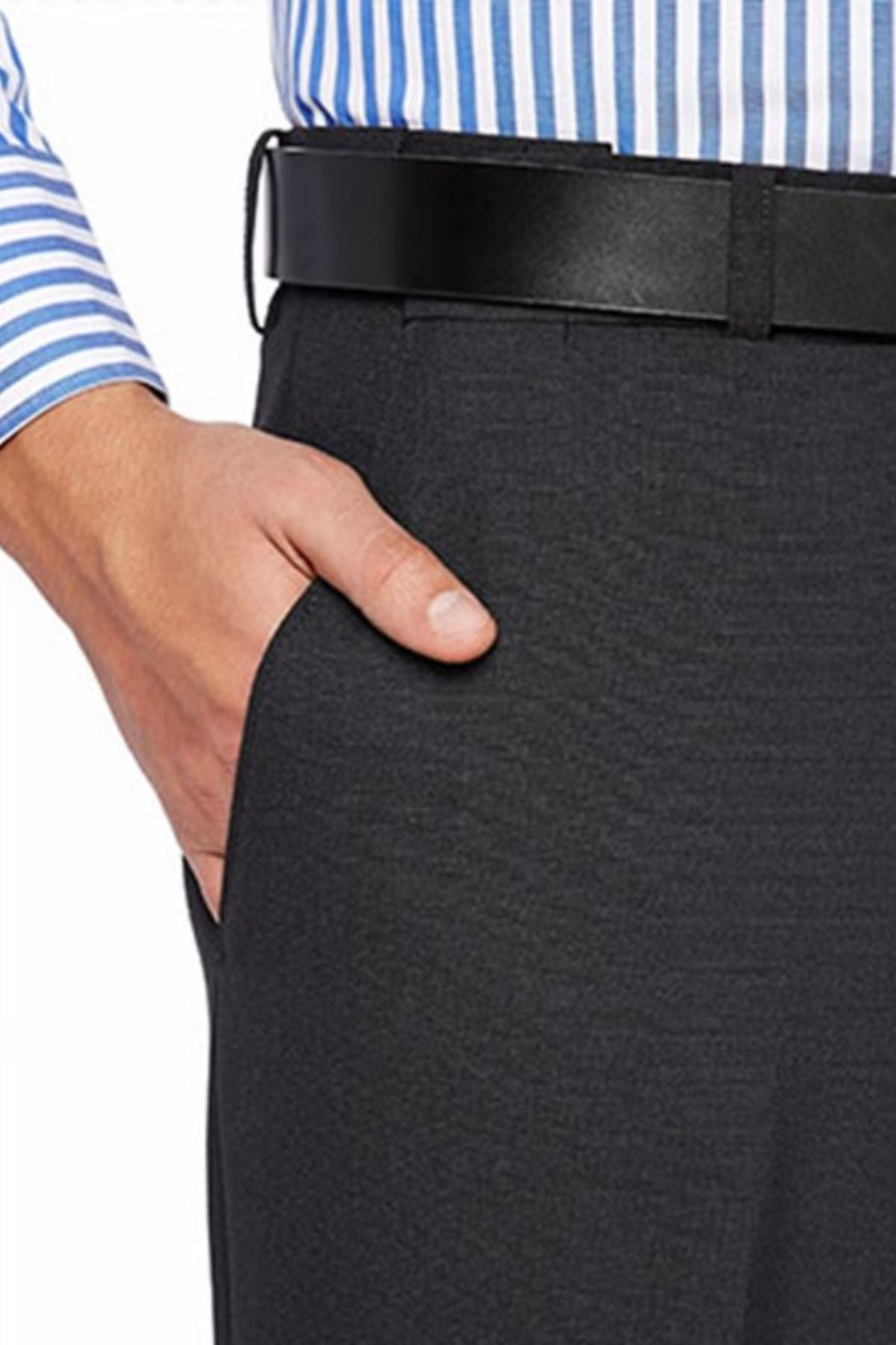A close-up image captures a person wearing a blue and white striped shirt tucked into stylish City Club Carter 183 Trousers, which are dark gray and made of polyester and wool. The person has their left hand in the flexi-waist pants pocket, with a black belt visible at the waist.