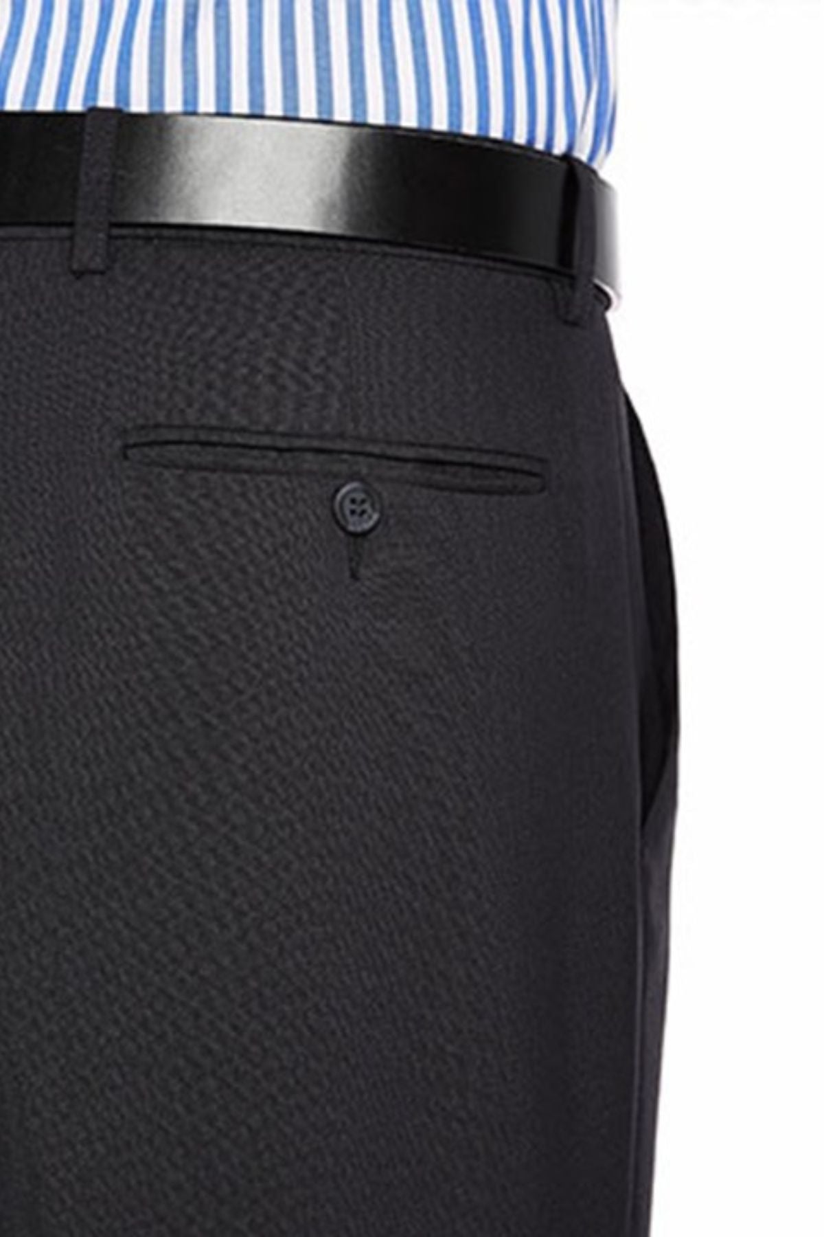 Close-up of a person wearing City Club Carter 183 Trousers, stylish black formal trousers made from polyester and wool, paired with a black belt. The trousers feature a back pocket with button closure and a flexi-waist for added comfort. The individual is also wearing a blue and white striped shirt tucked into the trousers.