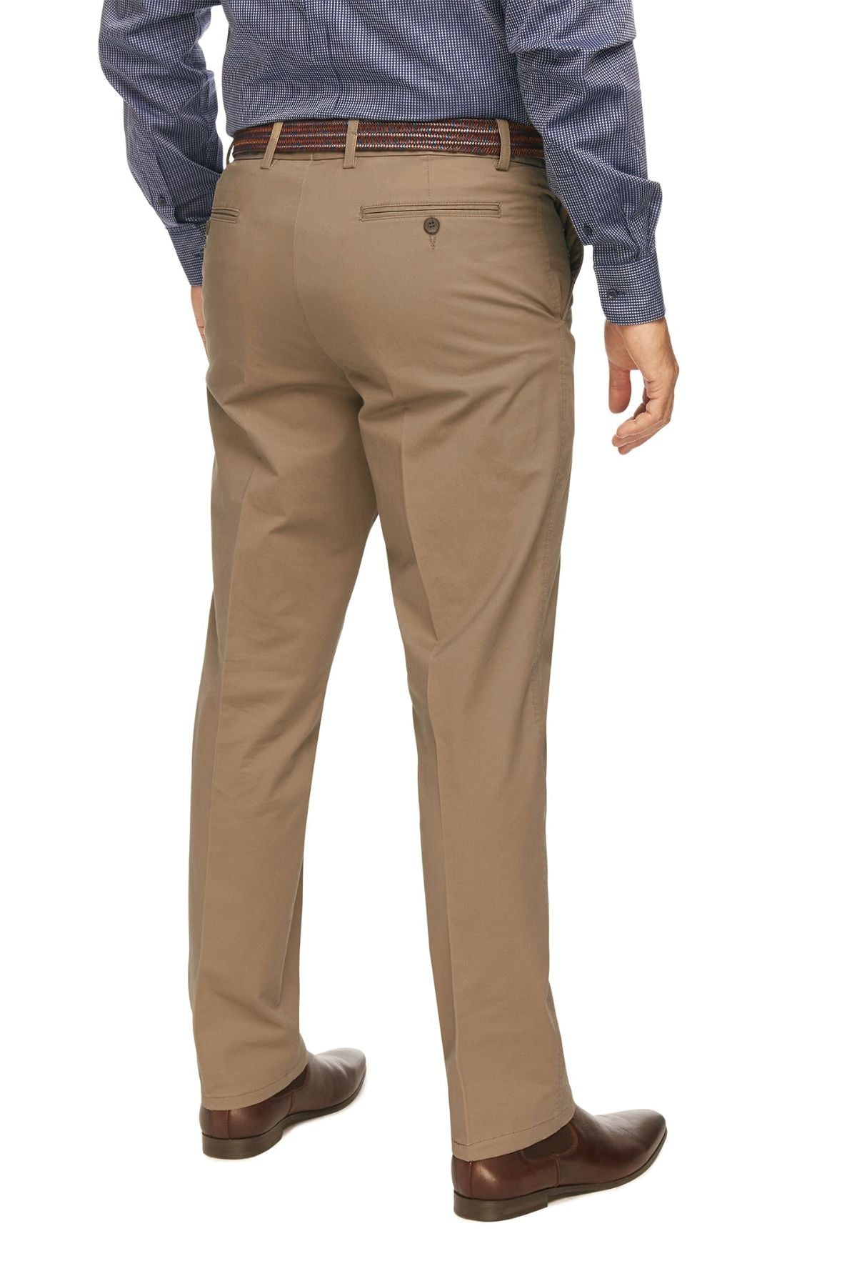 A person is shown from the back wearing City Club Mariner Harbour Pants with elasticated sides, a blue checkered long-sleeve shirt, a brown belt, and brown leather shoes. The image focuses on the lower half of their body.