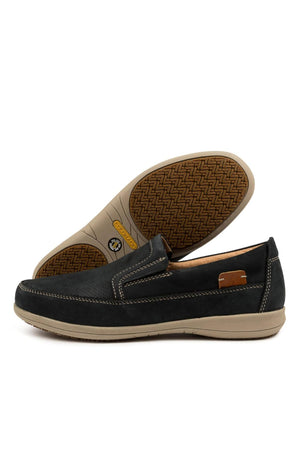 Colorado Affleck Pull On Shoe - Navy. The side of one shoe with another shoe learning against it so that the Sure Grip outersole is visible
