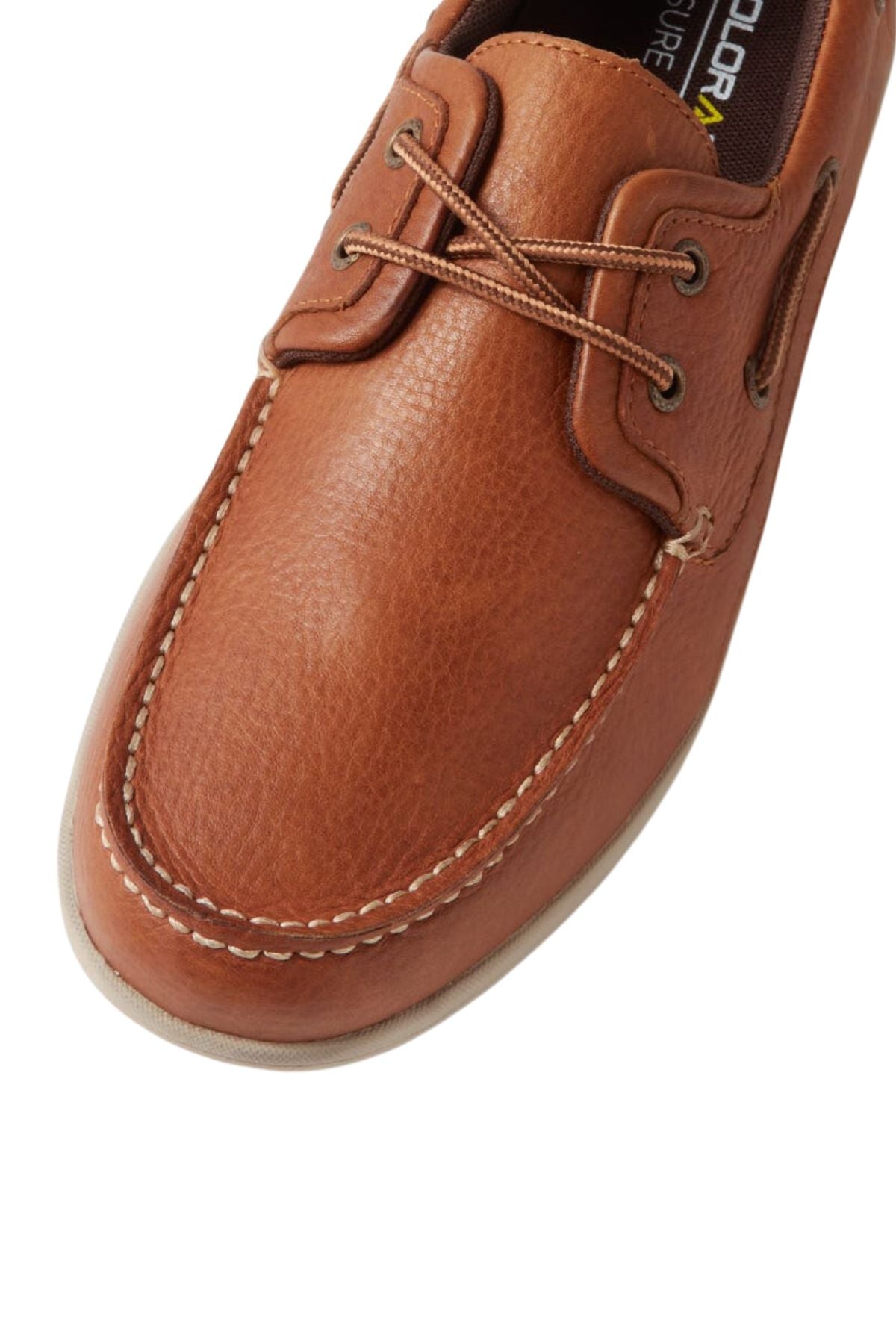Close-up of the Colorado Askit Casual Shoe in brown leather, showcasing stitching, laces, a rounded toe, and part of its slip-resistant sole.