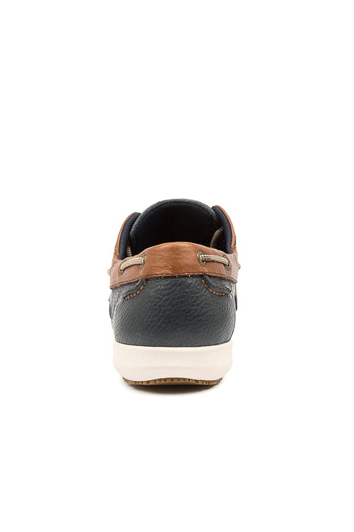 Rear view of the Colorado Askit Casual Shoe, showcasing navy and brown leather tones, decorative side lacing, and a slip-resistant white rubber sole.