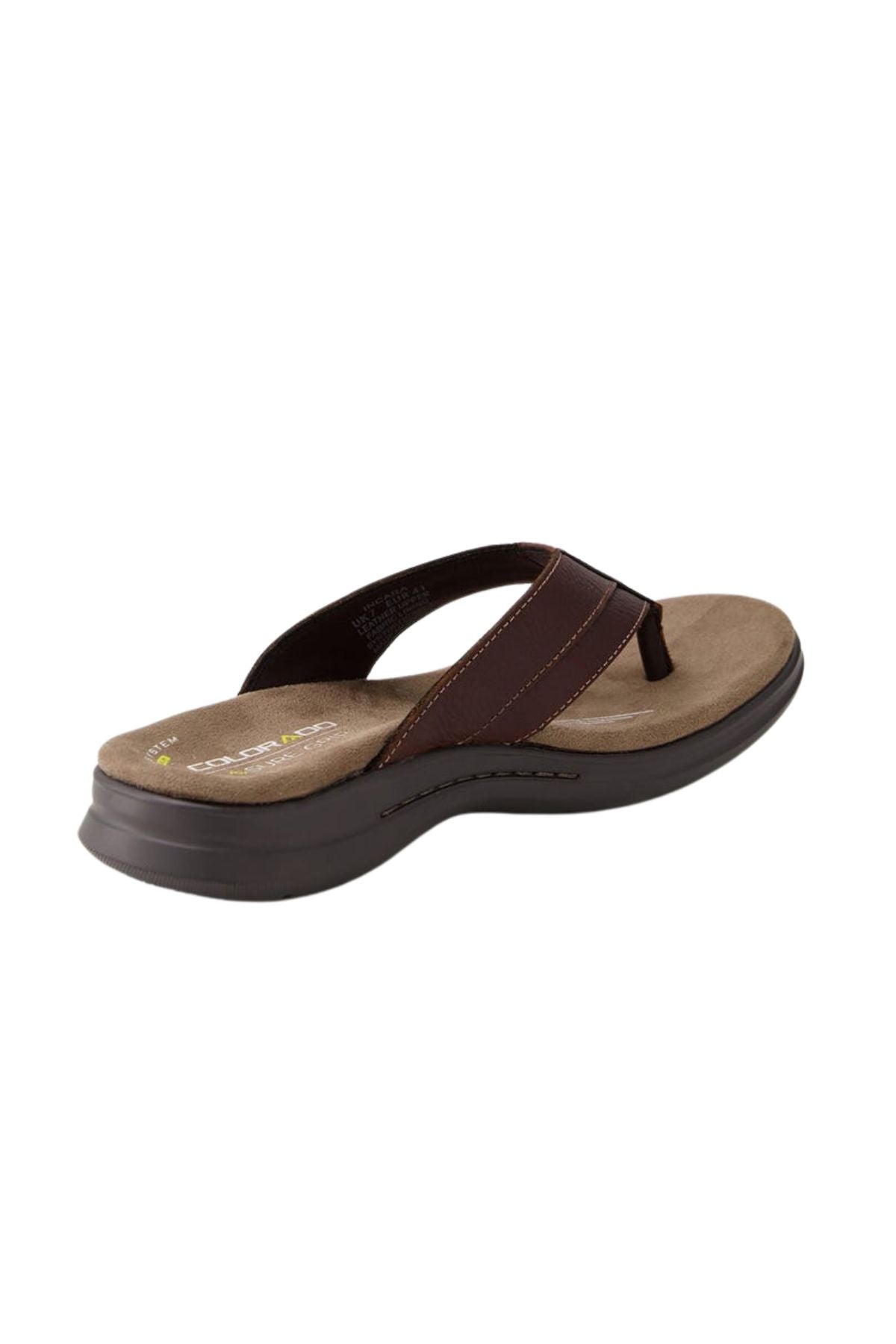 The Colorado Incara Leather Thongs are brown and tan flip-flop sandals with leather straps, thick soles, visible strap stitching, and slip-resistant soles, shown on a white background.