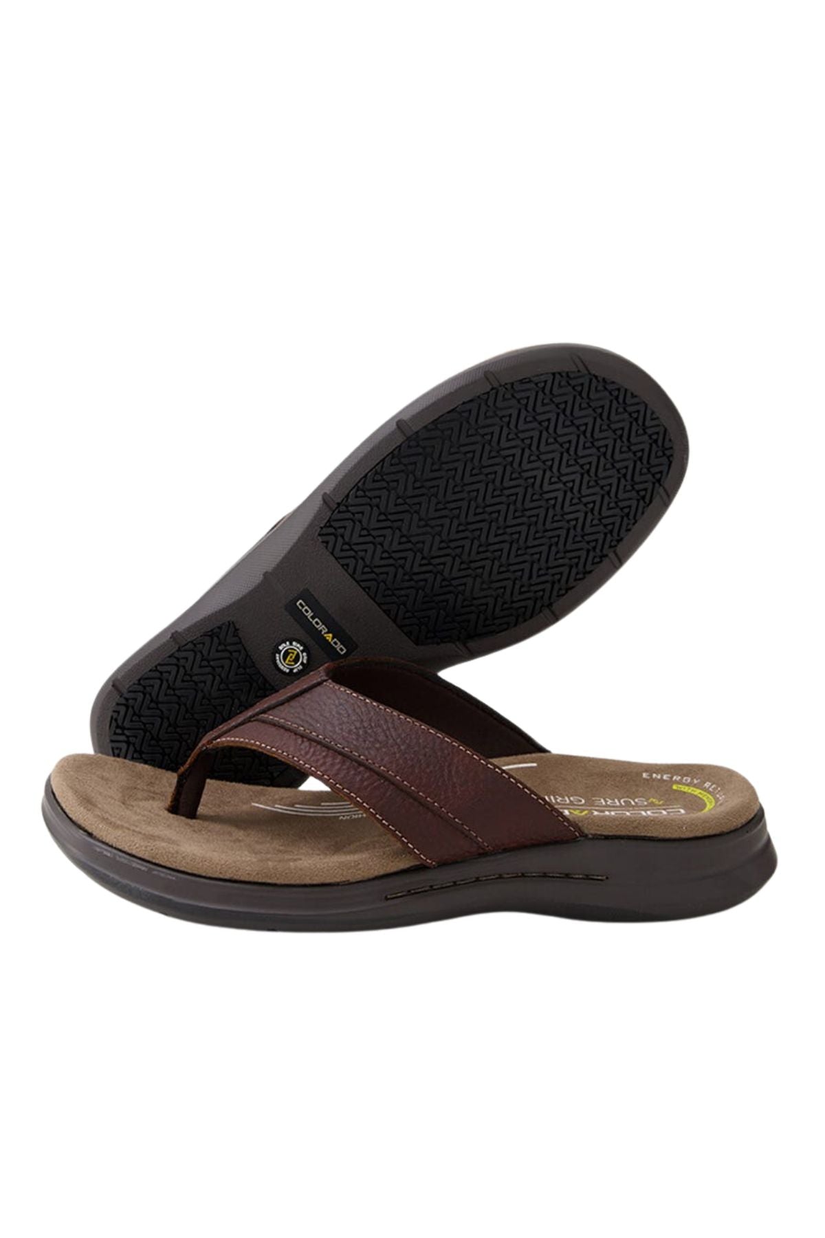 A pair of Colorado Incara Leather Thongs in brown with dark brown straps, tan memory foam footbeds, and black textured slip-resistant soles—displayed with one thong upright and the other showing the sole.