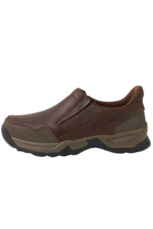 The Colorado Joao Casual Shoe is a brown slip-on with a rounded toe, elastic side panels, Sure Grip Outsole, and a comfortable mix of leather and fabric materials.