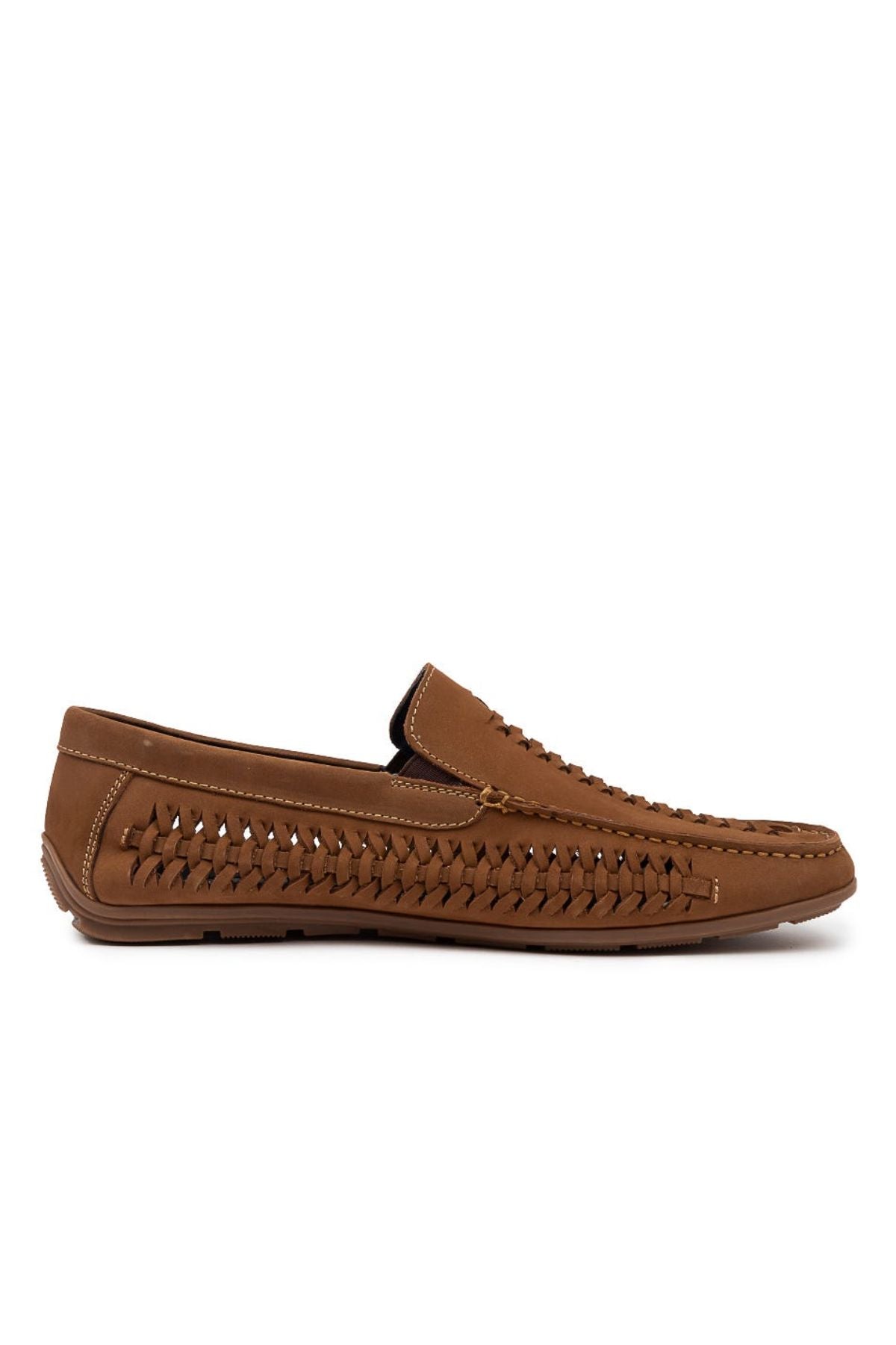 The Colorado Massar Casual Shoe is a brown woven leather loafer with visible stitching, shown in side profile against a white background. It features detailed sides and a high-traction tread for enhanced grip.