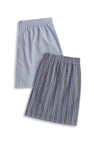 The Contare Cotton 2 Pack Check Boxer Short includes two men's cotton boxers with elastic waists: one in light blue micro-check and the other in multicolored plaid, both shown flat against a white background.