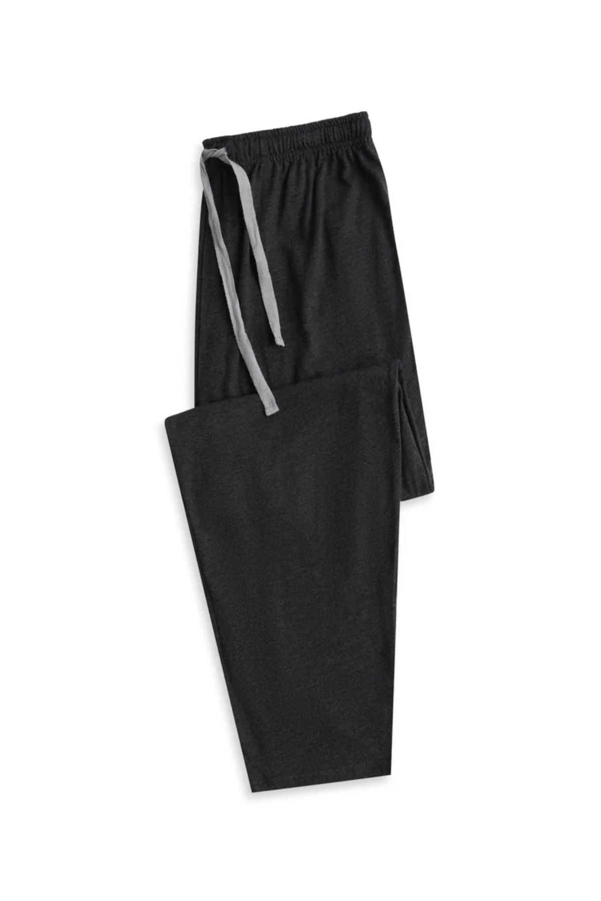 A pair of Contare Country Bamboo Cotton Lounge Pants in dark gray, featuring eco-friendly fabric, an elastic waistband, and a light gray drawstring, neatly folded on a white background.