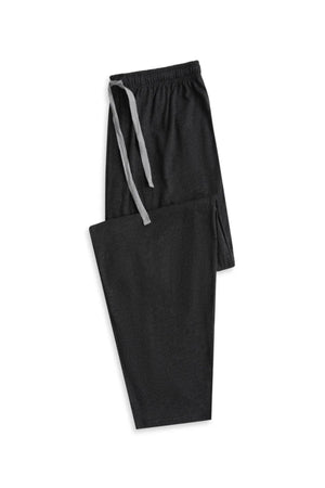 A pair of Contare Country Bamboo Cotton Lounge Pants in dark gray, featuring eco-friendly fabric, an elastic waistband, and a light gray drawstring, neatly folded on a white background.