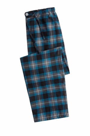 Contare Country Flannel Sleep Pant in blue, black, and gray plaid features a breathable fabric, elastic waistband with drawstring, and a single white button.