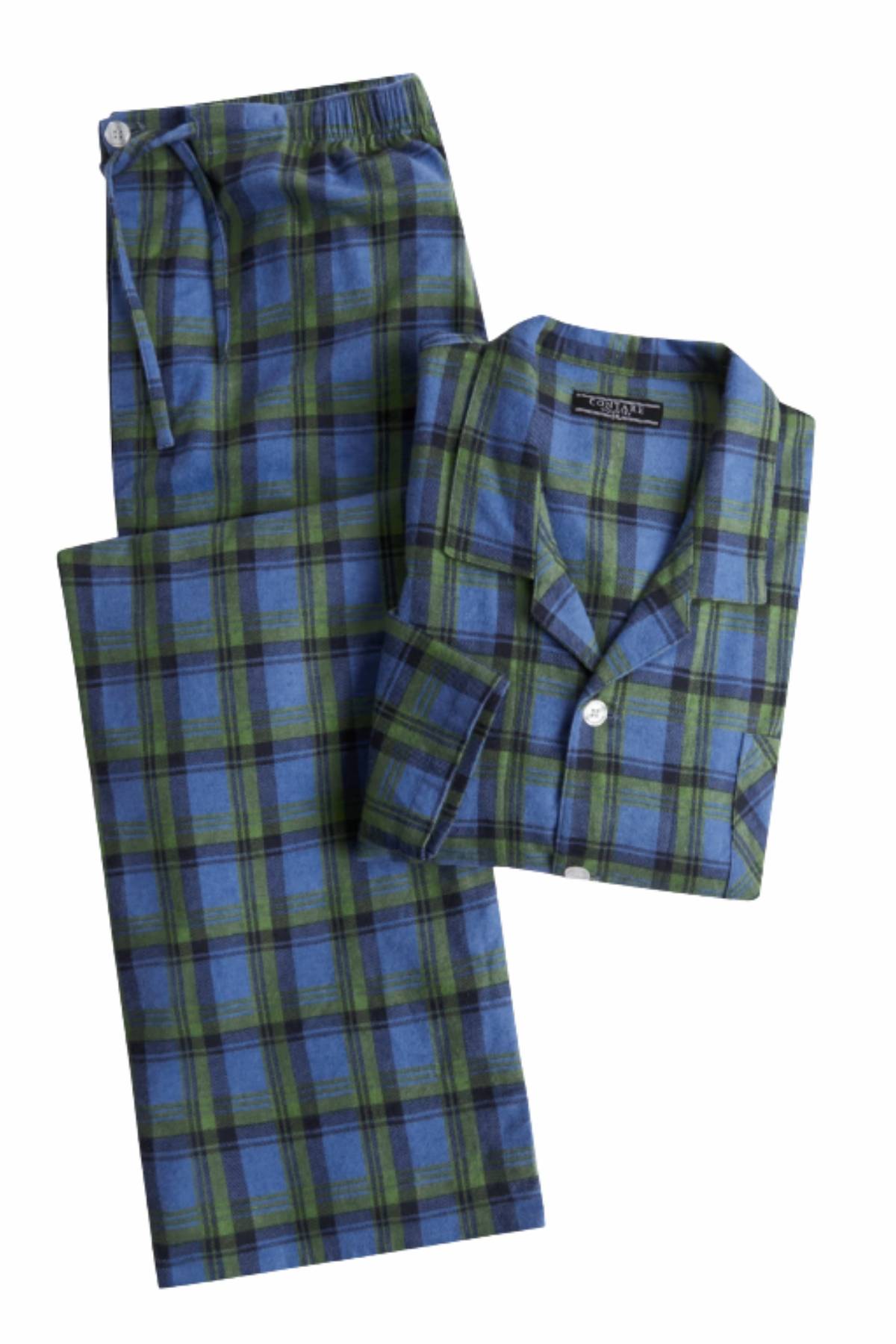 The Contare Country Winter Flannelette PJ Set features a classic cut and folded green, blue, and black plaid design. Made from 100% cotton, it includes a long-sleeve button-up shirt and matching pants with an elastic waistband and drawstring.