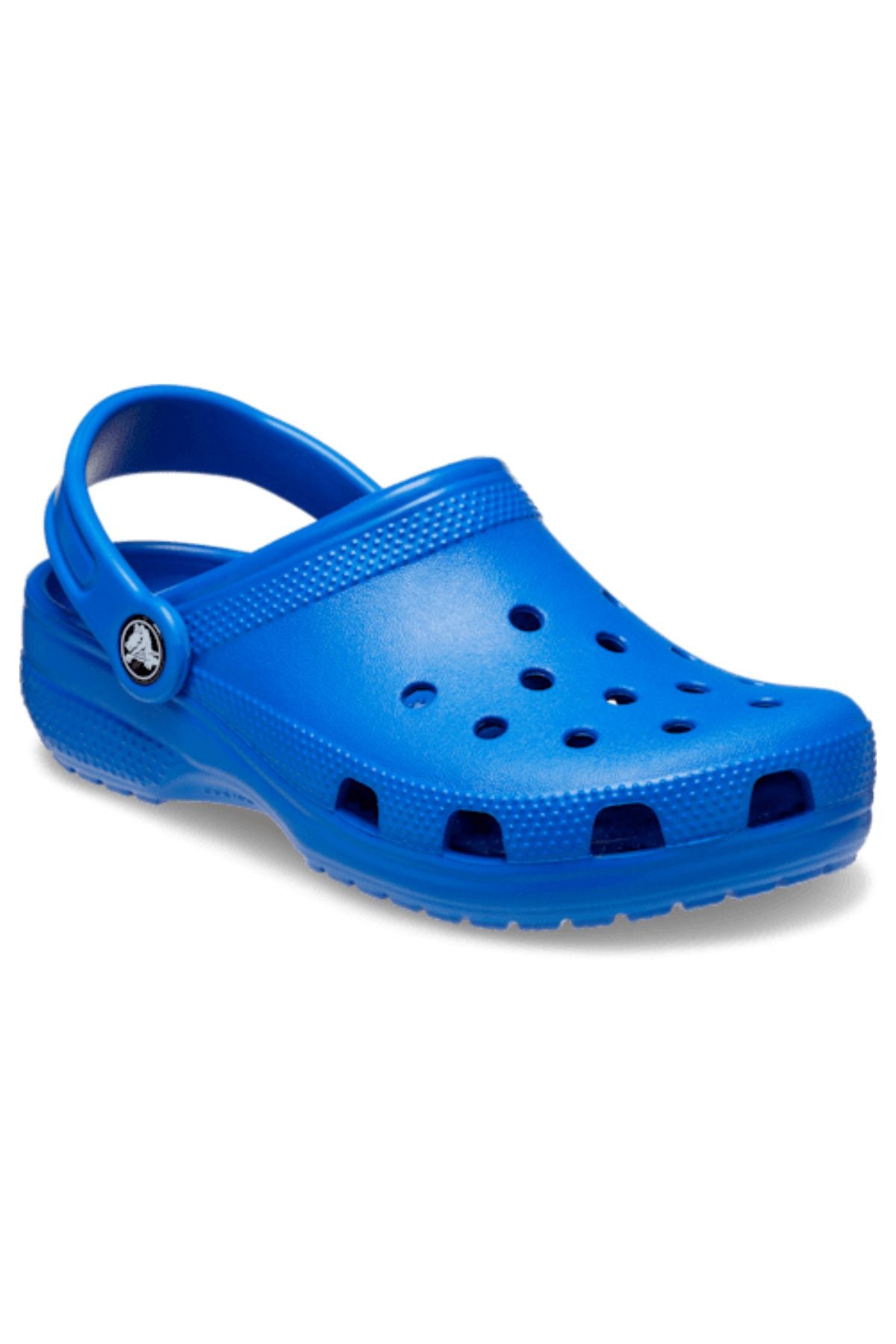 The Crocs Classic Kids Clog is a bright blue clog-style shoe with ventilation holes and a pivoting heel strap, offering signature Crocs Comfort. Shown on a white background.