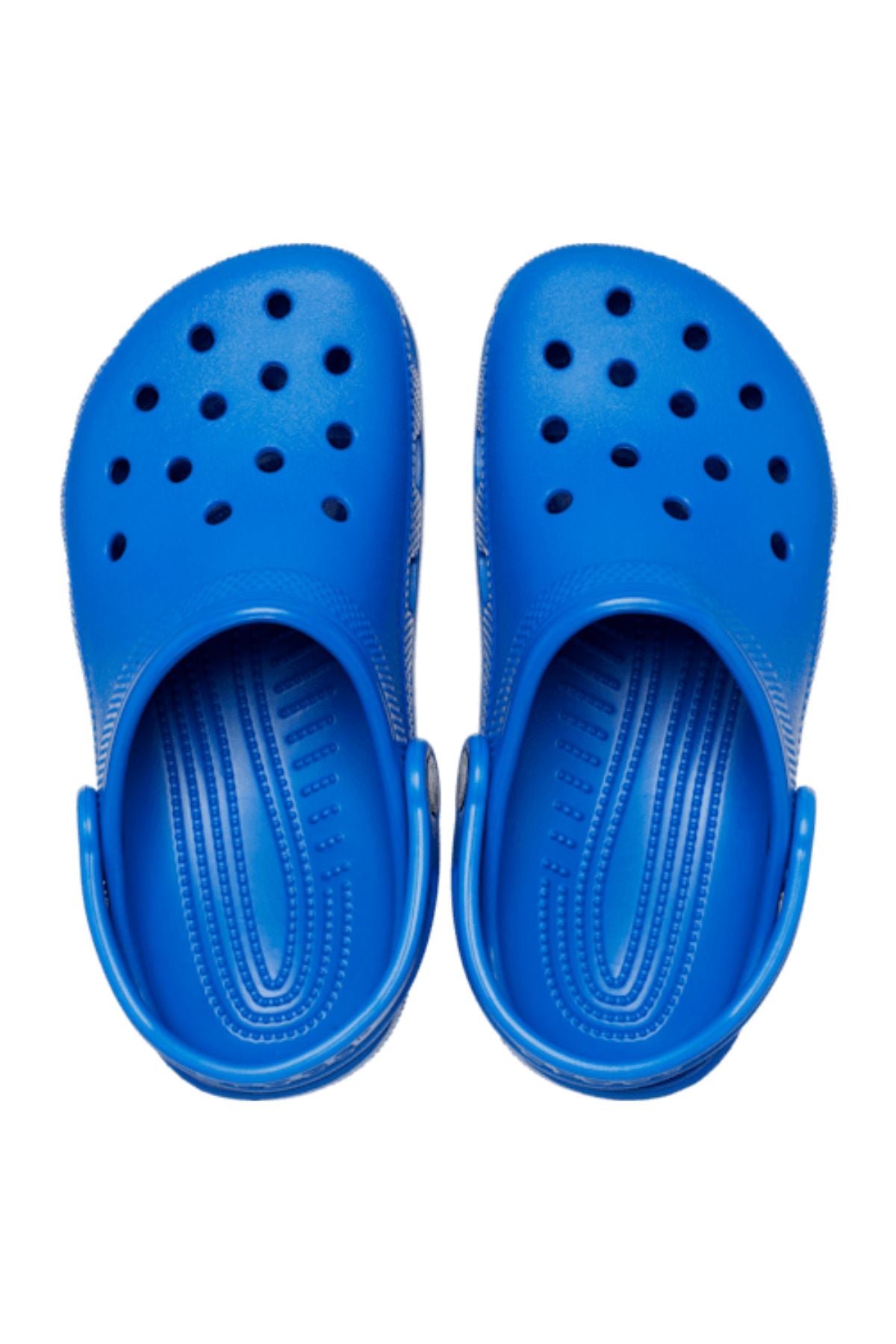 A pair of Crocs Classic Kids Clog in bright blue, featuring ventilation holes and adjustable heel straps for signature Crocs comfort, shown from above on a white background.