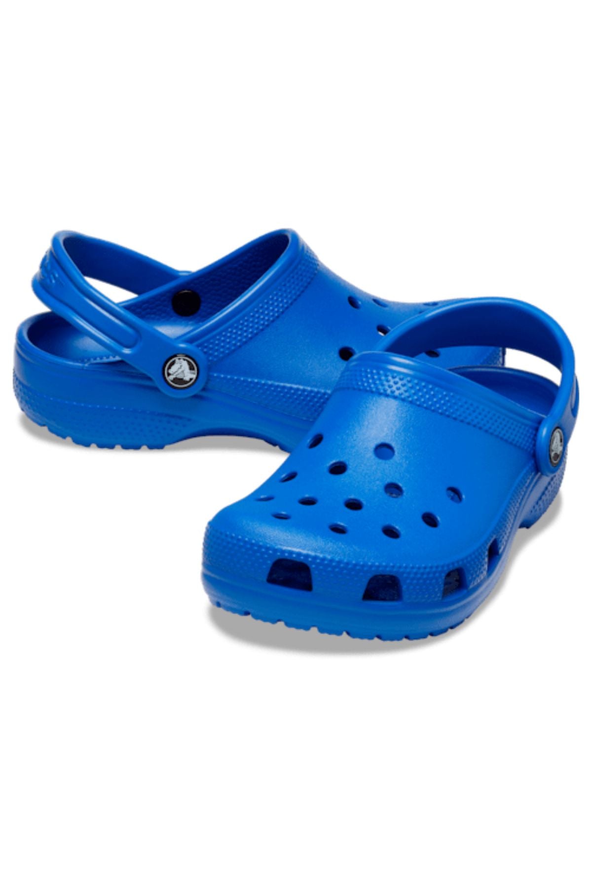 A pair of Crocs Classic Kids Clog in bright blue with ventilation holes and adjustable heel straps for comfort, shown on a white background.
